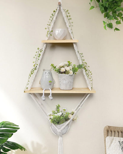 Macrame Hanging Shelves 2 Tiers Floating Shelf Natural Wood Wall Shelves Chic Boho Decor, Pine Wood Cotton Rope Bohemian Floating Plants Storage for Bedroom Bathroom Living Room, Beige