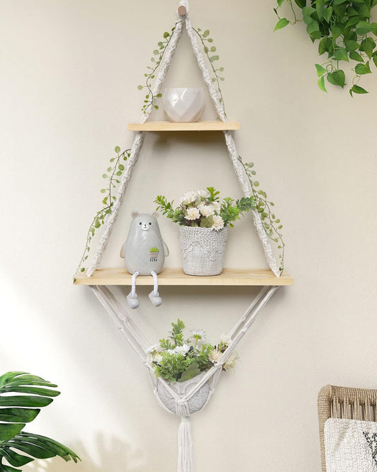 Macrame Hanging Shelves 2 Tiers Floating Shelf Natural Wood Wall Shelves Chic Boho Decor, Pine Wood Cotton Rope Bohemian Floating Plants Storage for Bedroom Bathroom Living Room, Beige