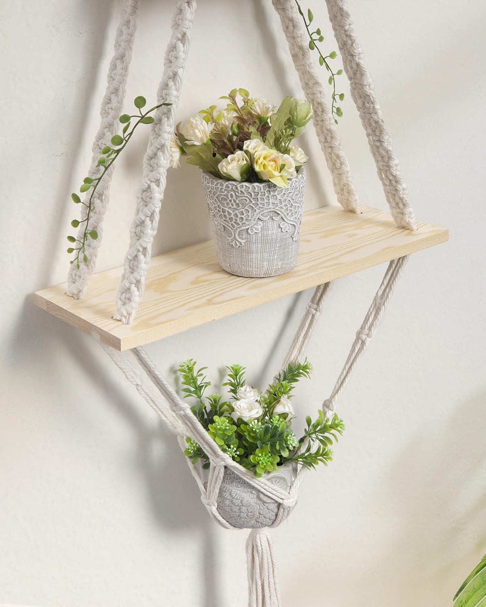 Macrame Hanging Shelves 2 Tiers Floating Shelf Natural Wood Wall Shelves Chic Boho Decor, Pine Wood Cotton Rope Bohemian Floating Plants Storage for Bedroom Bathroom Living Room, Beige