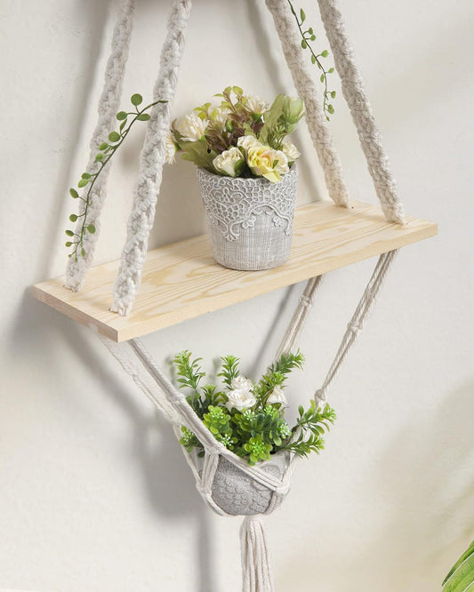 Macrame Hanging Shelves 2 Tiers Floating Shelf Natural Wood Wall Shelves Chic Boho Decor, Pine Wood Cotton Rope Bohemian Floating Plants Storage for Bedroom Bathroom Living Room, Beige