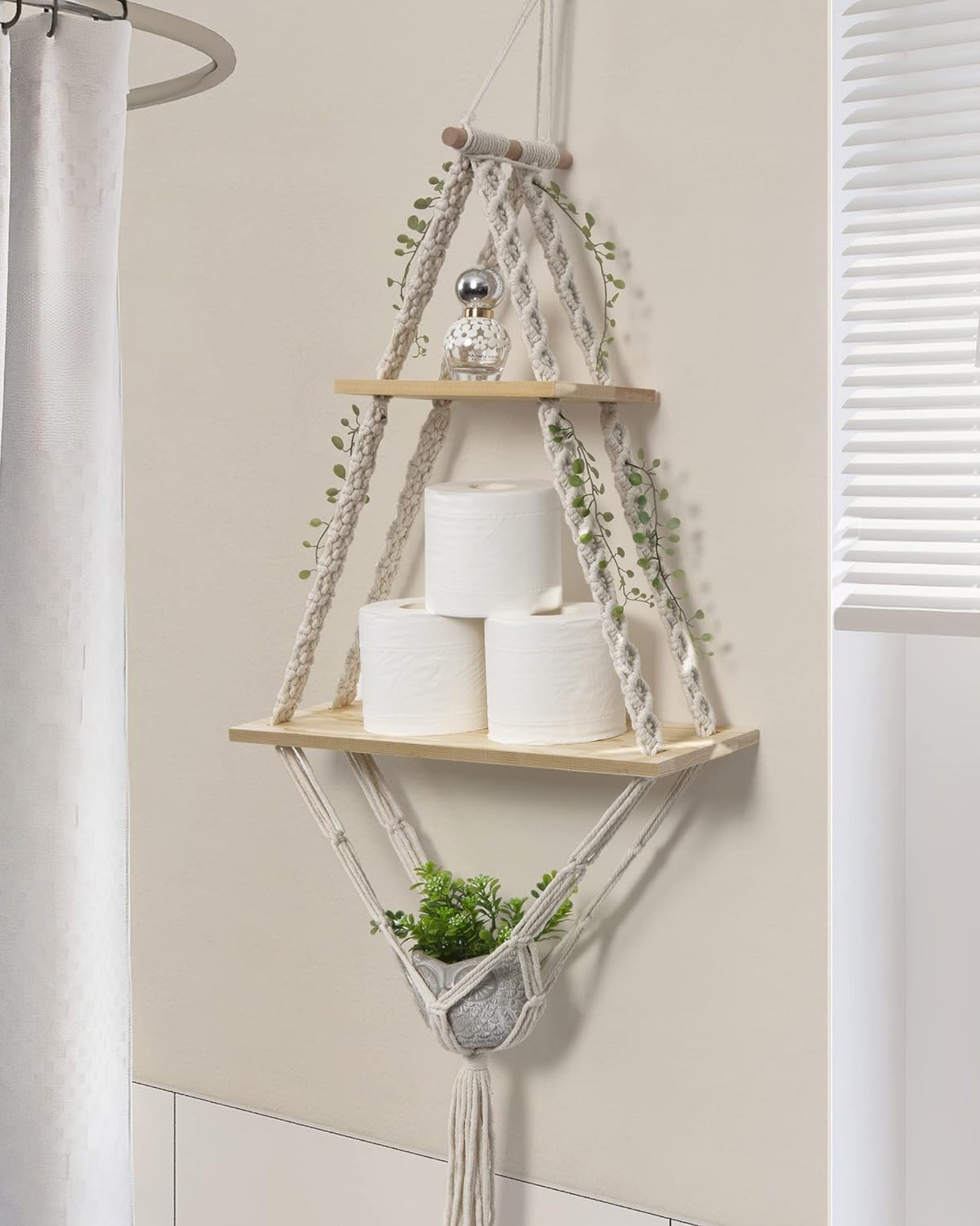 Macrame Hanging Shelves 2 Tiers Floating Shelf Natural Wood Wall Shelves Chic Boho Decor, Pine Wood Cotton Rope Bohemian Floating Plants Storage for Bedroom Bathroom Living Room, Beige