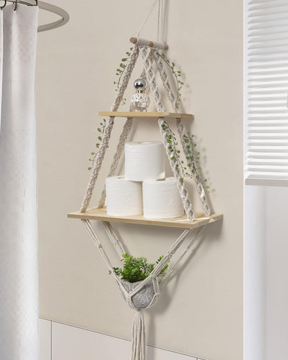 Macrame Hanging Shelves 2 Tiers Floating Shelf Natural Wood Wall Shelves Chic Boho Decor, Pine Wood Cotton Rope Bohemian Floating Plants Storage for Bedroom Bathroom Living Room, Beige
