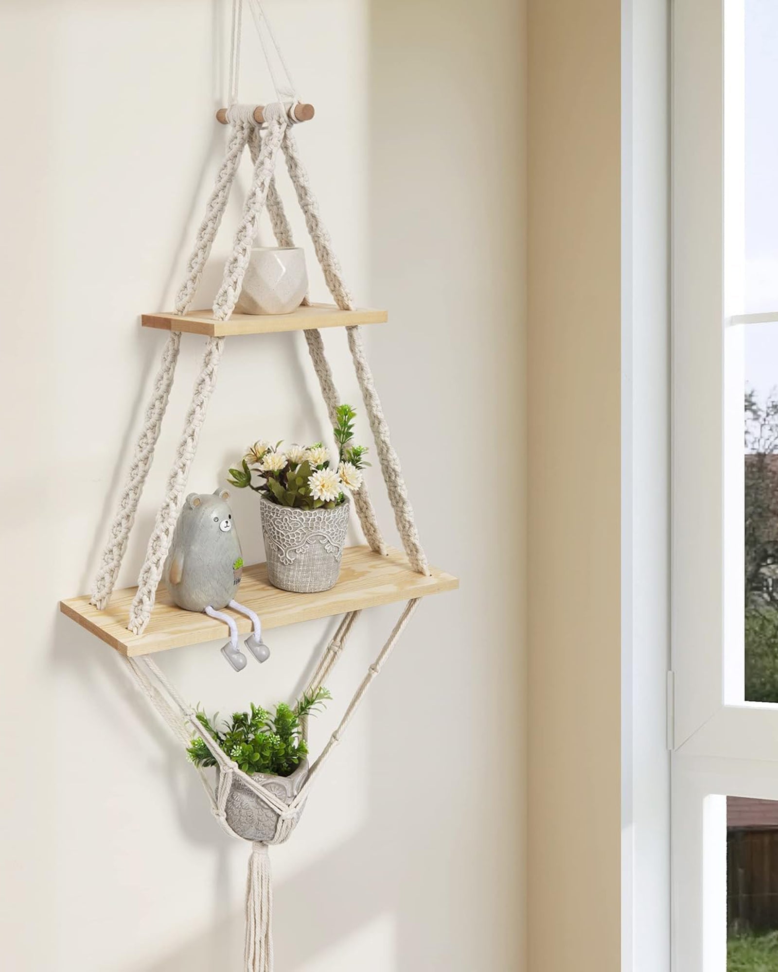 Macrame Hanging Shelves 2 Tiers Floating Shelf Natural Wood Wall Shelves Chic Boho Decor, Pine Wood Cotton Rope Bohemian Floating Plants Storage for Bedroom Bathroom Living Room, Beige