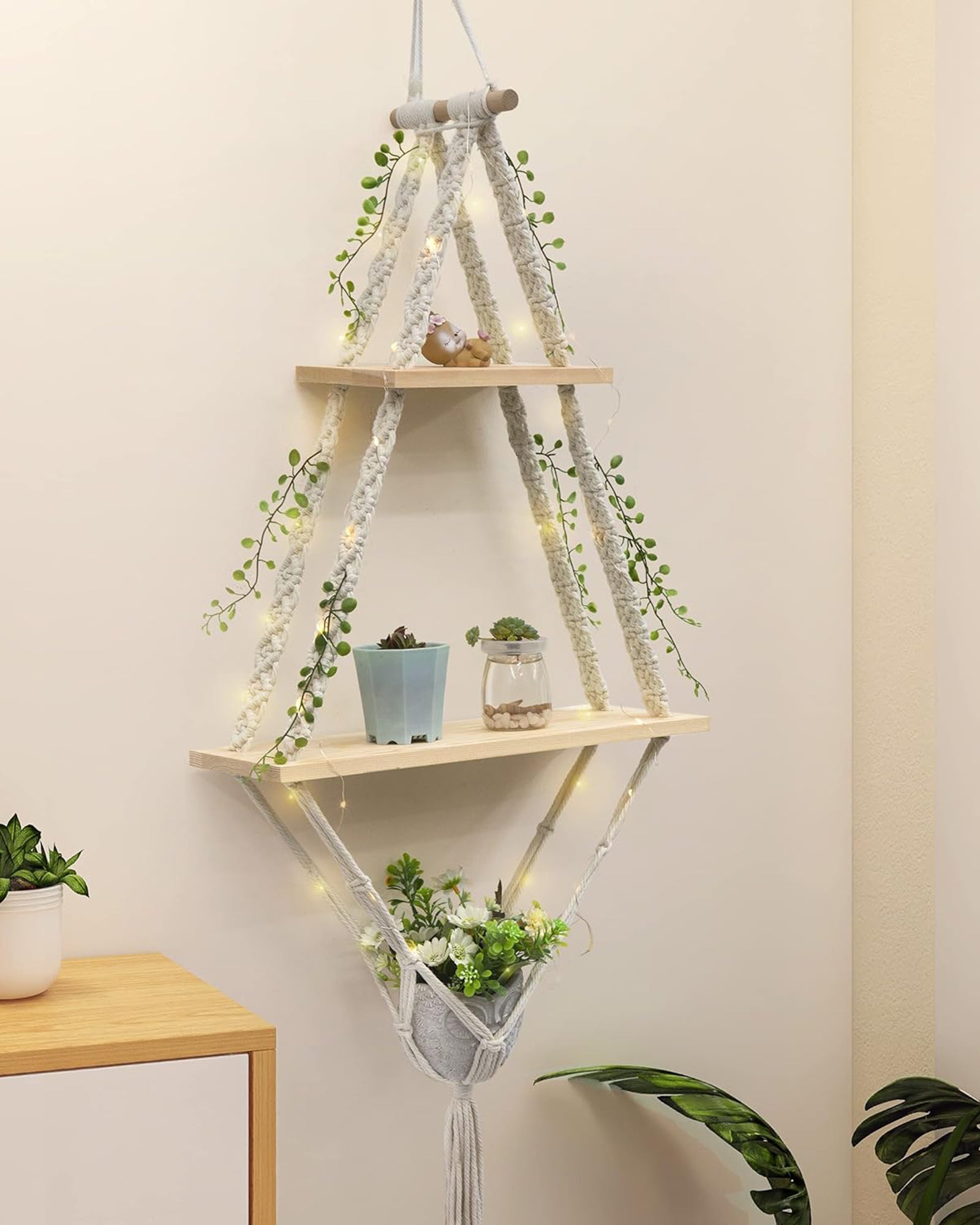 Macrame Hanging Shelves 2 Tiers Floating Shelf Natural Wood Wall Shelves Chic Boho Decor, Pine Wood Cotton Rope Bohemian Floating Plants Storage for Bedroom Bathroom Living Room, Beige