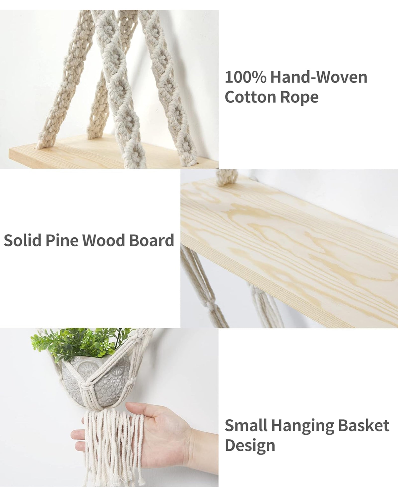 Macrame Hanging Shelves 2 Tiers Floating Shelf Natural Wood Wall Shelves Chic Boho Decor, Pine Wood Cotton Rope Bohemian Floating Plants Storage for Bedroom Bathroom Living Room, Beige