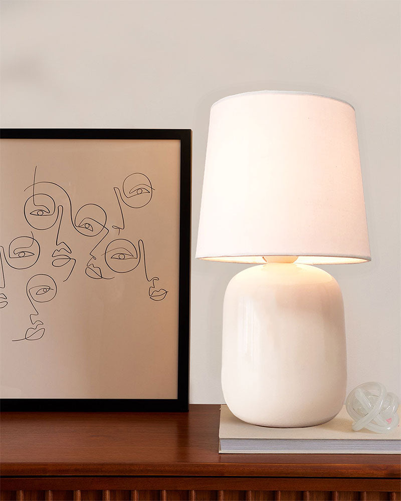 Modern Small Ceramic Table Lamp, Bedside Desk lamp for Living Room Bedroom, Farmhouse Nightstand Lamps Glossy Dovel