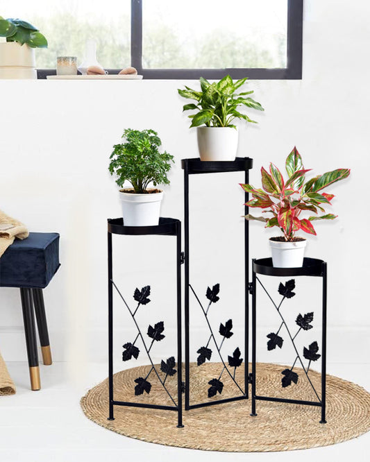 Metal Plant Stand Indoor Outdoor 78 cm High 3 Tier Flower Pot Holder Shelf Heavy Duty Potted Flower Pot Organizer Wrought Iron Planter Display Rack Corner Vertical Shelves for Garden, Leafy Maple