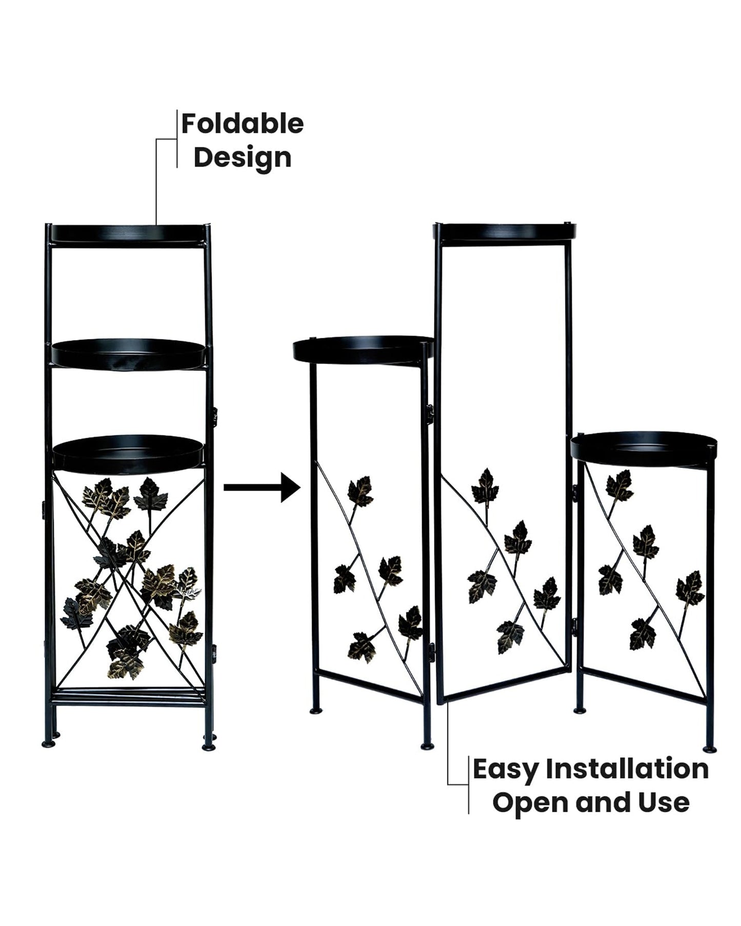 Metal Plant Stand Indoor Outdoor 78 cm High 3 Tier Flower Pot Holder Shelf Heavy Duty Potted Flower Pot Organizer Wrought Iron Planter Display Rack Corner Vertical Shelves for Garden, Leafy Maple