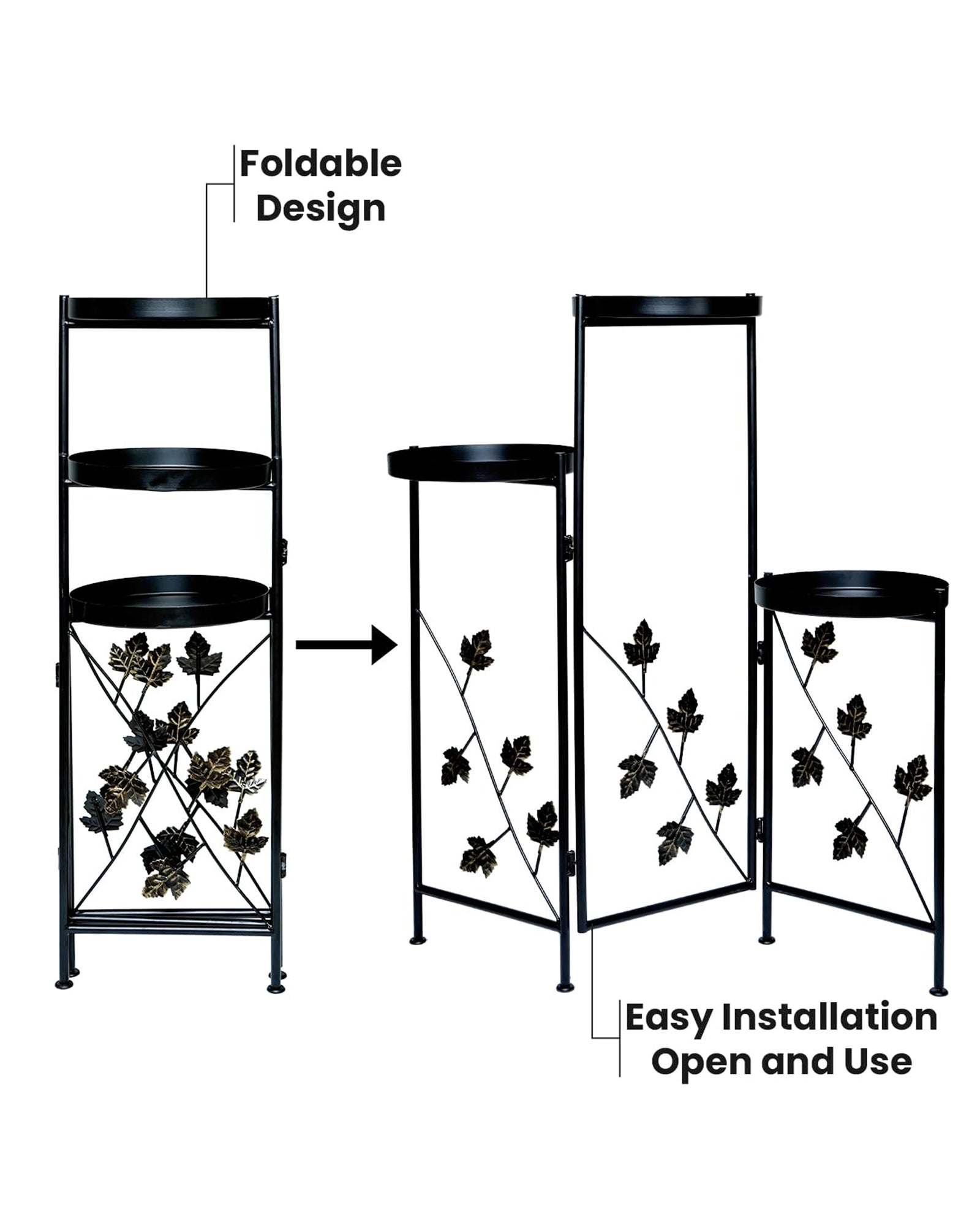 Metal Plant Stand Indoor Outdoor 78 cm High 3 Tier Flower Pot Holder Shelf Heavy Duty Potted Flower Pot Organizer Wrought Iron Planter Display Rack Corner Vertical Shelves for Garden, Leafy Maple
