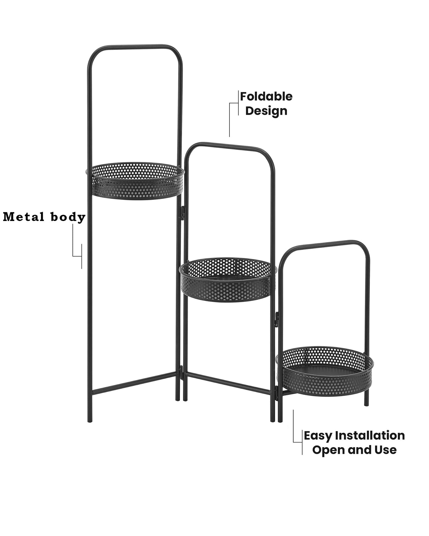 Metal Plant Stand Indoor Outdoor 70 cm High 3 Tier Flower Pot Holder Shelf Heavy Duty Potted Flower Pot Organizer Wrought Iron Planter Display Rack Corner Vertical Shelves for Garden, Net Basket