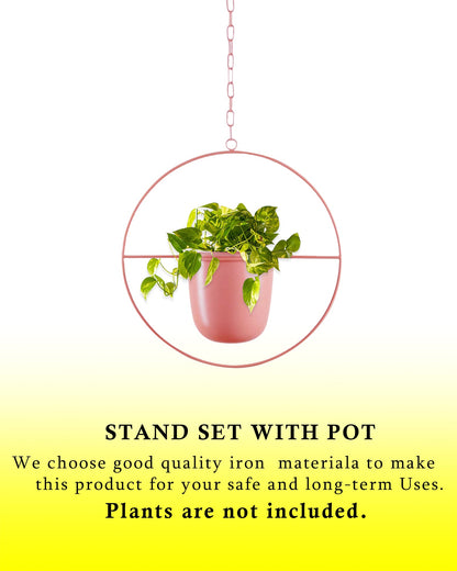 Round Hanging Metal Pot Stand with Planter (14 Inch Dia* 6.75 Inch Pot) for Indoor & Outdoor Plants Living Room Balcony Zen Decoration with hanging chain(Plant is not Included)