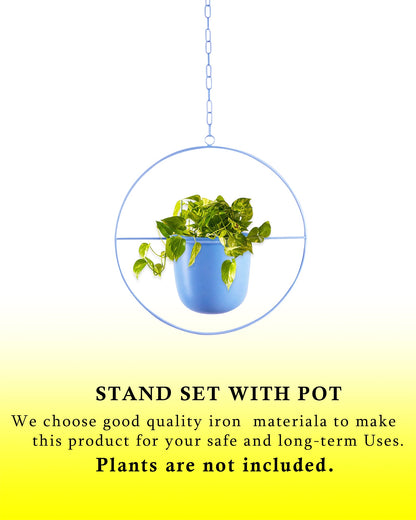 Round Hanging Metal Pot Stand with Planter (14 Inch Dia* 6.75 Inch Pot) for Indoor & Outdoor Plants Living Room Balcony Zen Decoration with hanging chain(Plant is not Included)