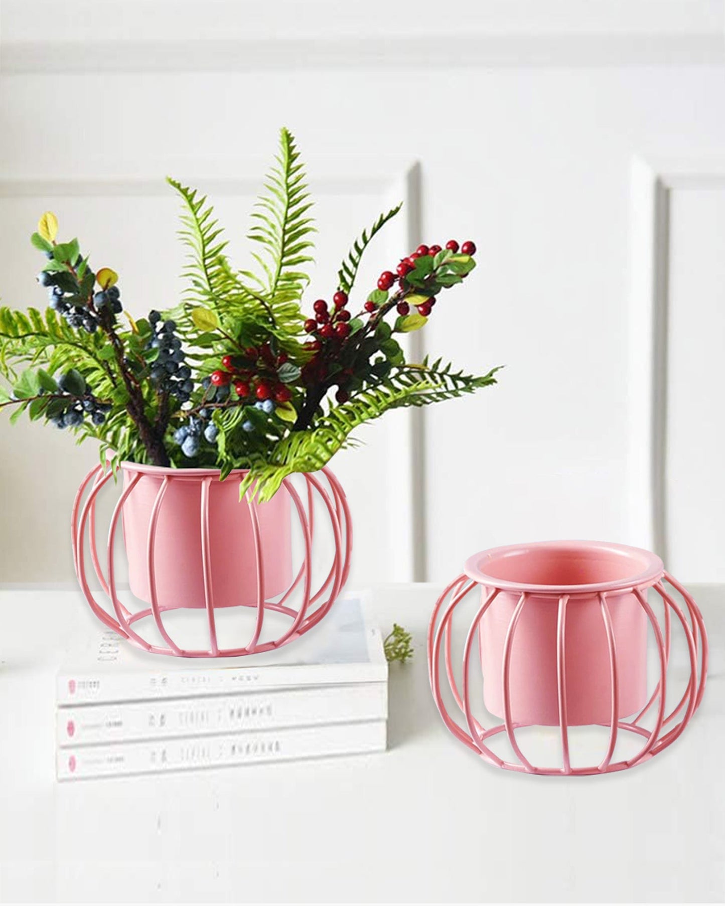Combo of 2 Table Top Designer Metallic Metal Stand with Planters, Small White Metal Pots for Livingroom, Balcony & Home Decoration, set of 2, Round
