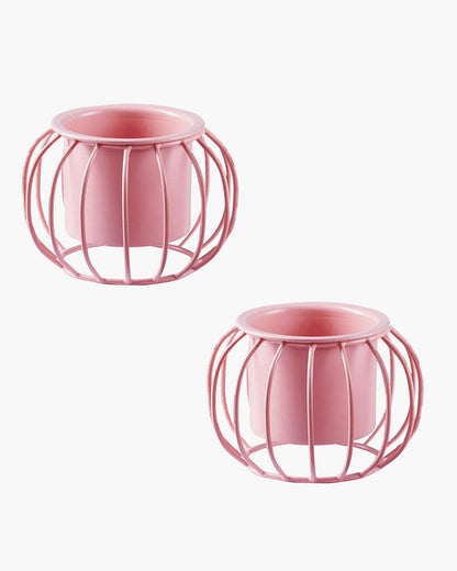 Combo of 2 Table Top Designer Metallic Metal Stand with Planters, Small White Metal Pots for Livingroom, Balcony & Home Decoration, set of 2, Round