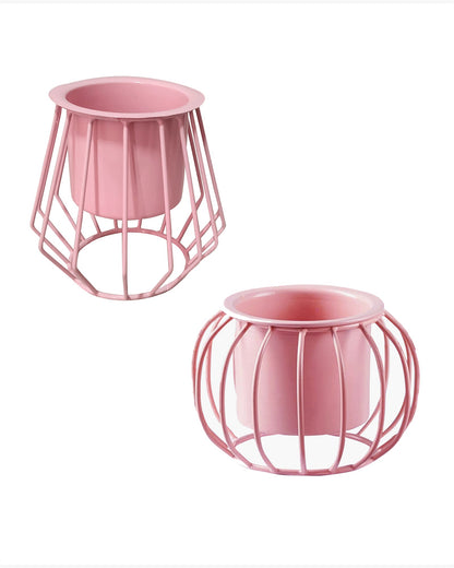 Combo of 2 Table Top Designer Metallic Metal Stand with Planters, Small White Metal Pots for Livingroom, Balcony & Home Decoration, set of 2 Dual
