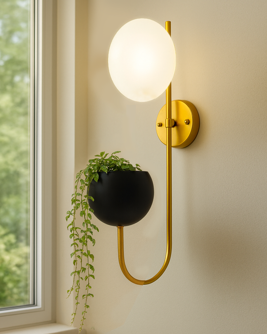 Wall Light Geometric Wall Lamp, Modern Wall Lamp with Storage Planter for Living Room Study Stairs Bedroom Lights Bedside, Round Glass