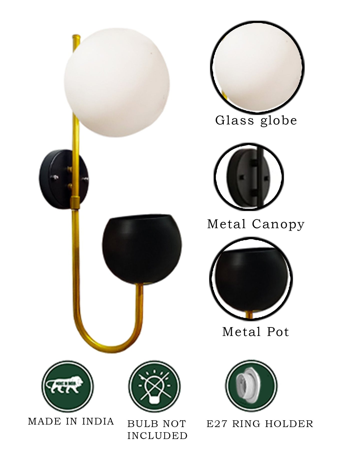 Wall Light Geometric Wall Lamp, Modern Wall Lamp with Storage Planter for Living Room Study Stairs Bedroom Lights Bedside, Round Glass