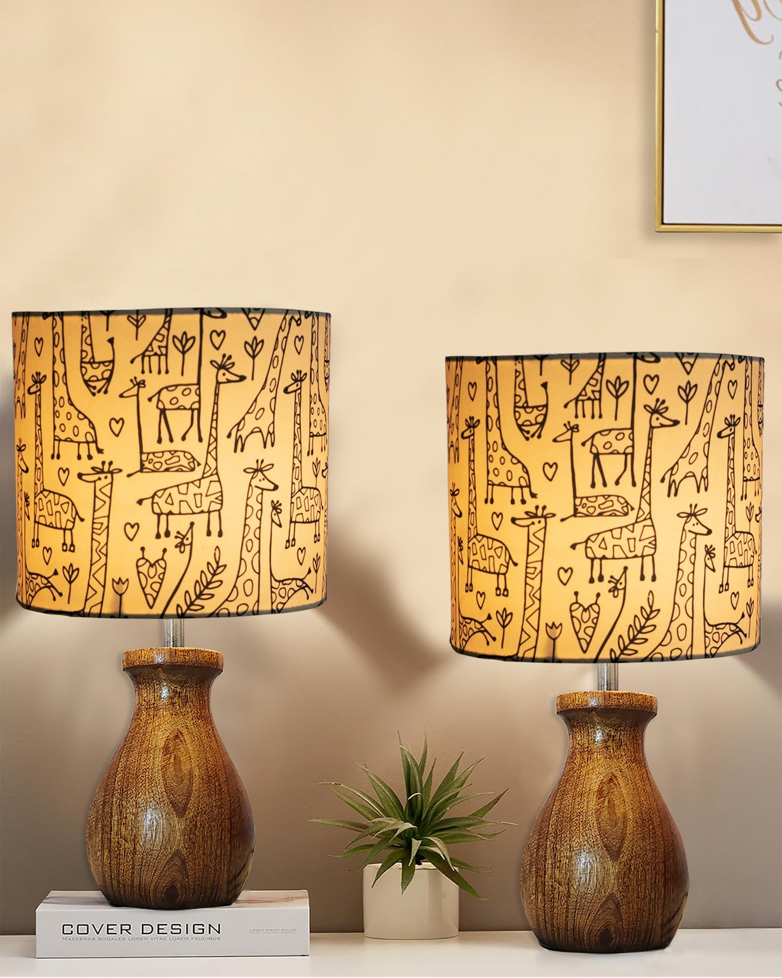 Dovel Pot Modern Table Lamp, Wooden Base Modern Fabric Lampshade for Home Office Cafe Restaurant, Dovel Pot,set of 2