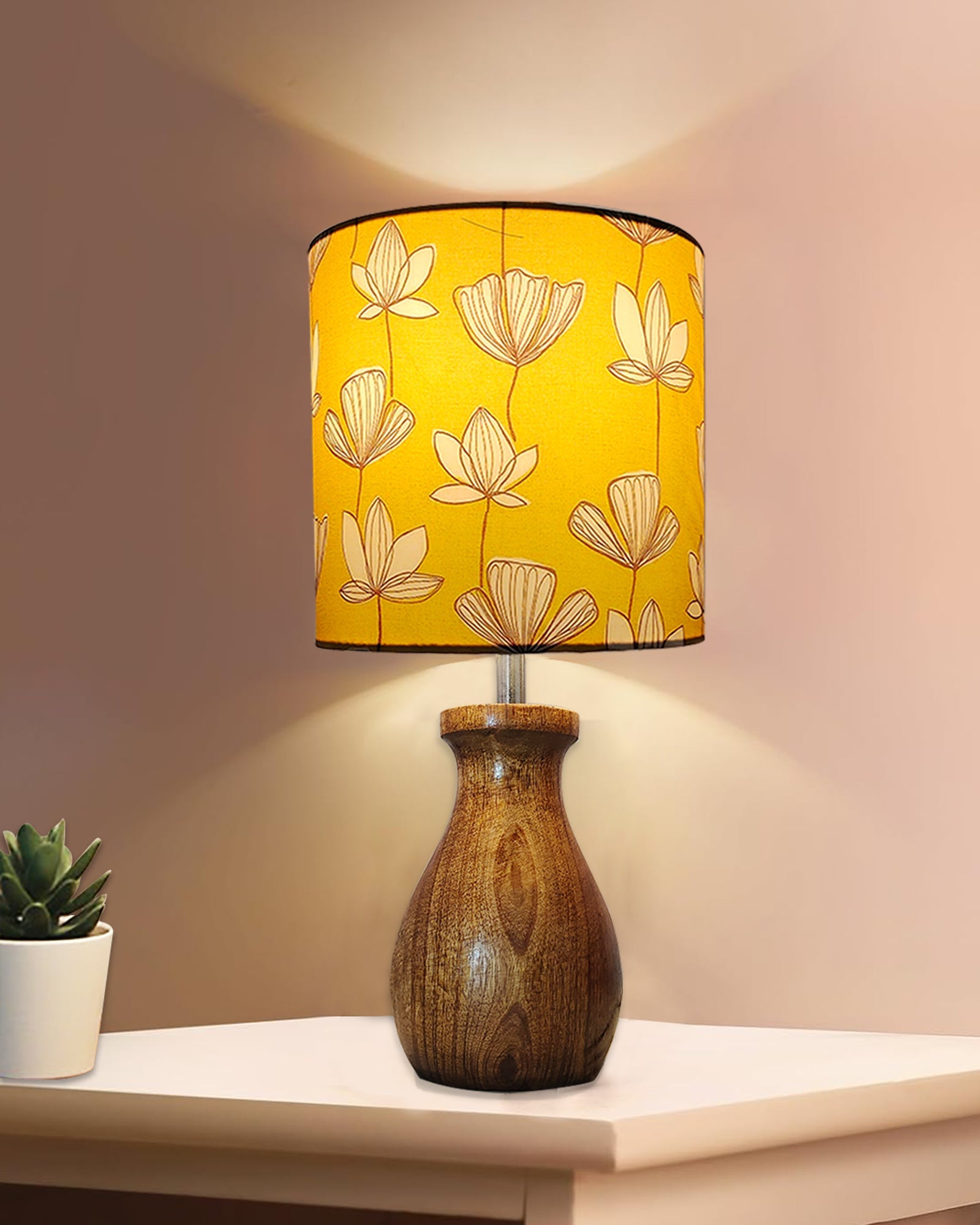 Dovel Pot Modern Table Lamp, Wooden Base Modern Fabric Lampshade for Home Office Cafe Restaurant