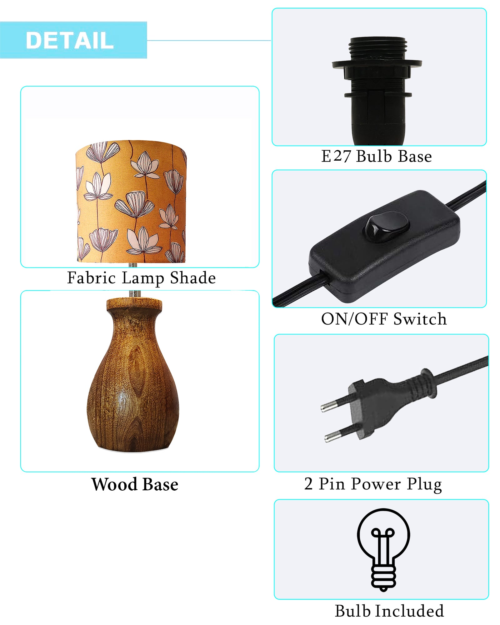 Dovel Pot Modern Table Lamp, Wooden Base Modern Fabric Lampshade for Home Office Cafe Restaurant