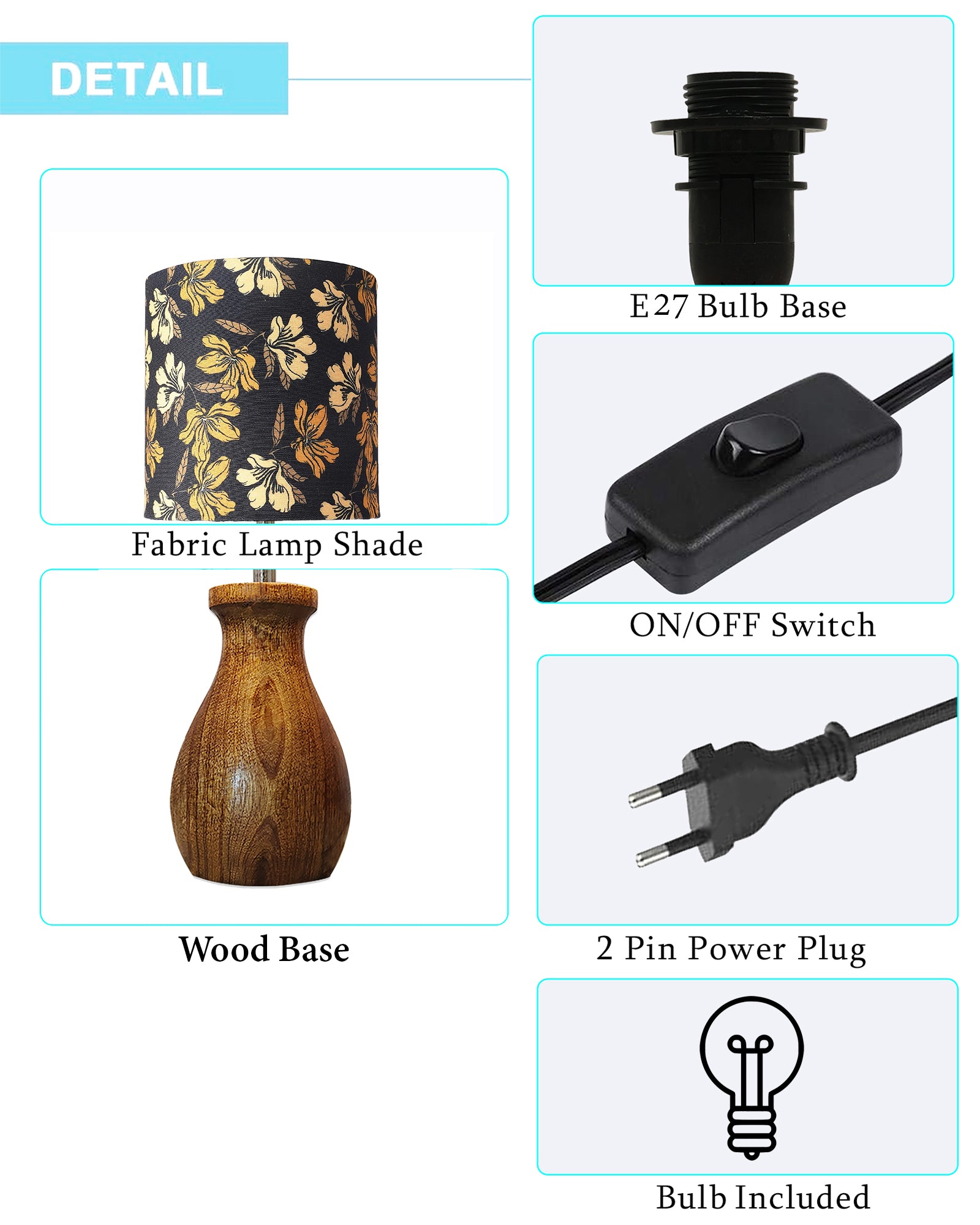 Dovel Pot Modern Table Lamp, Wooden Base Modern Fabric Lampshade for Home Office Cafe Restaurant