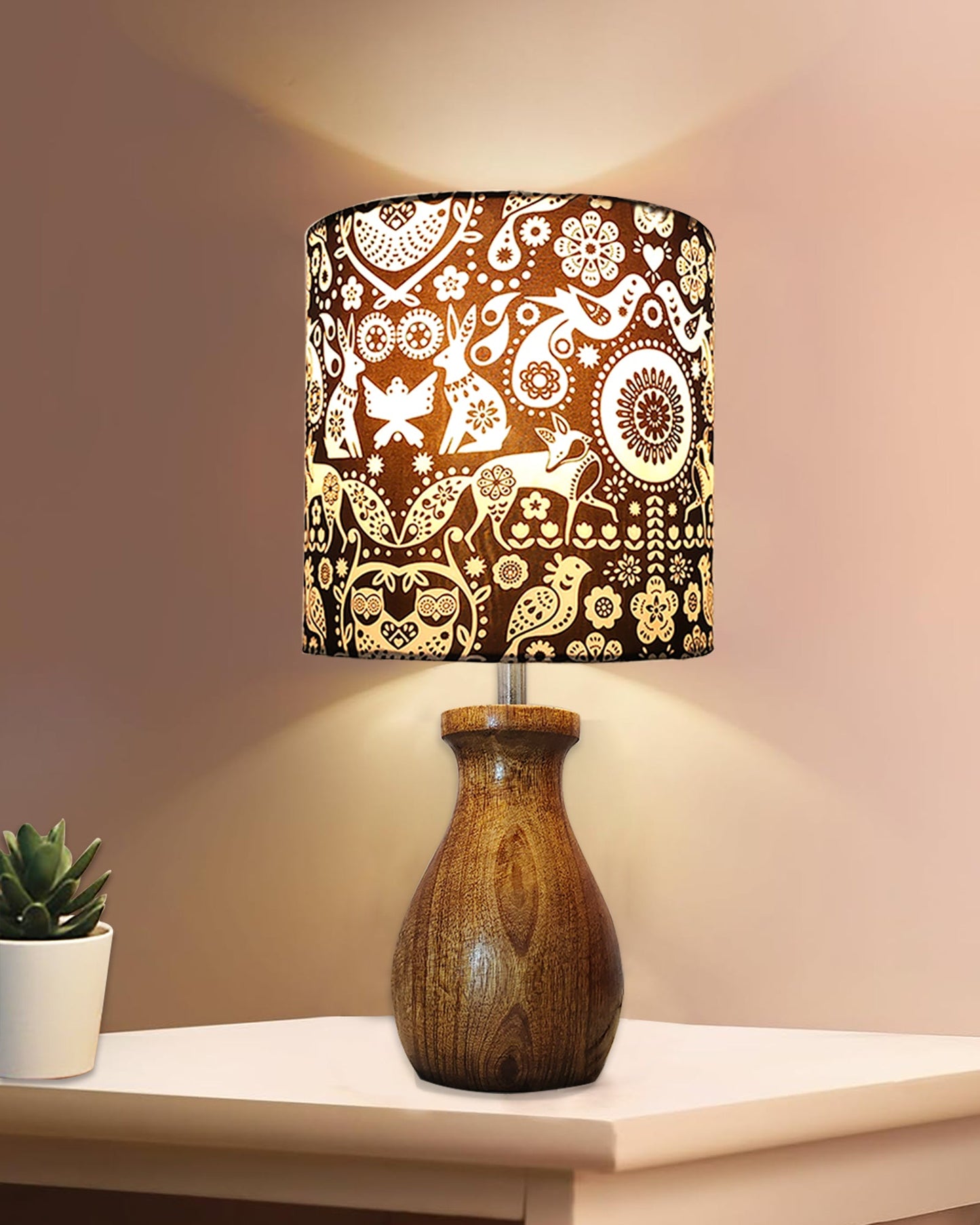 Dovel Pot Modern Table Lamp, Wooden Base Modern Fabric Lampshade for Home Office Cafe Restaurant