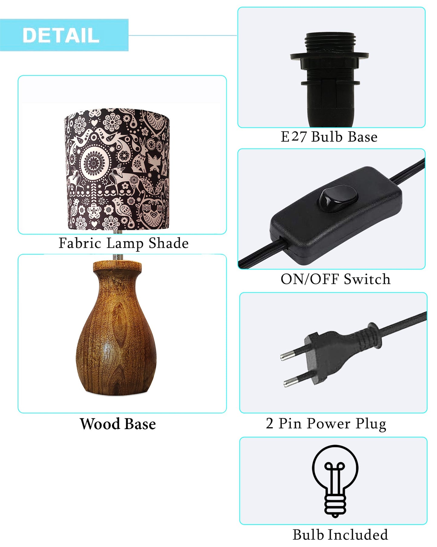 Dovel Pot Modern Table Lamp, Wooden Base Modern Fabric Lampshade for Home Office Cafe Restaurant