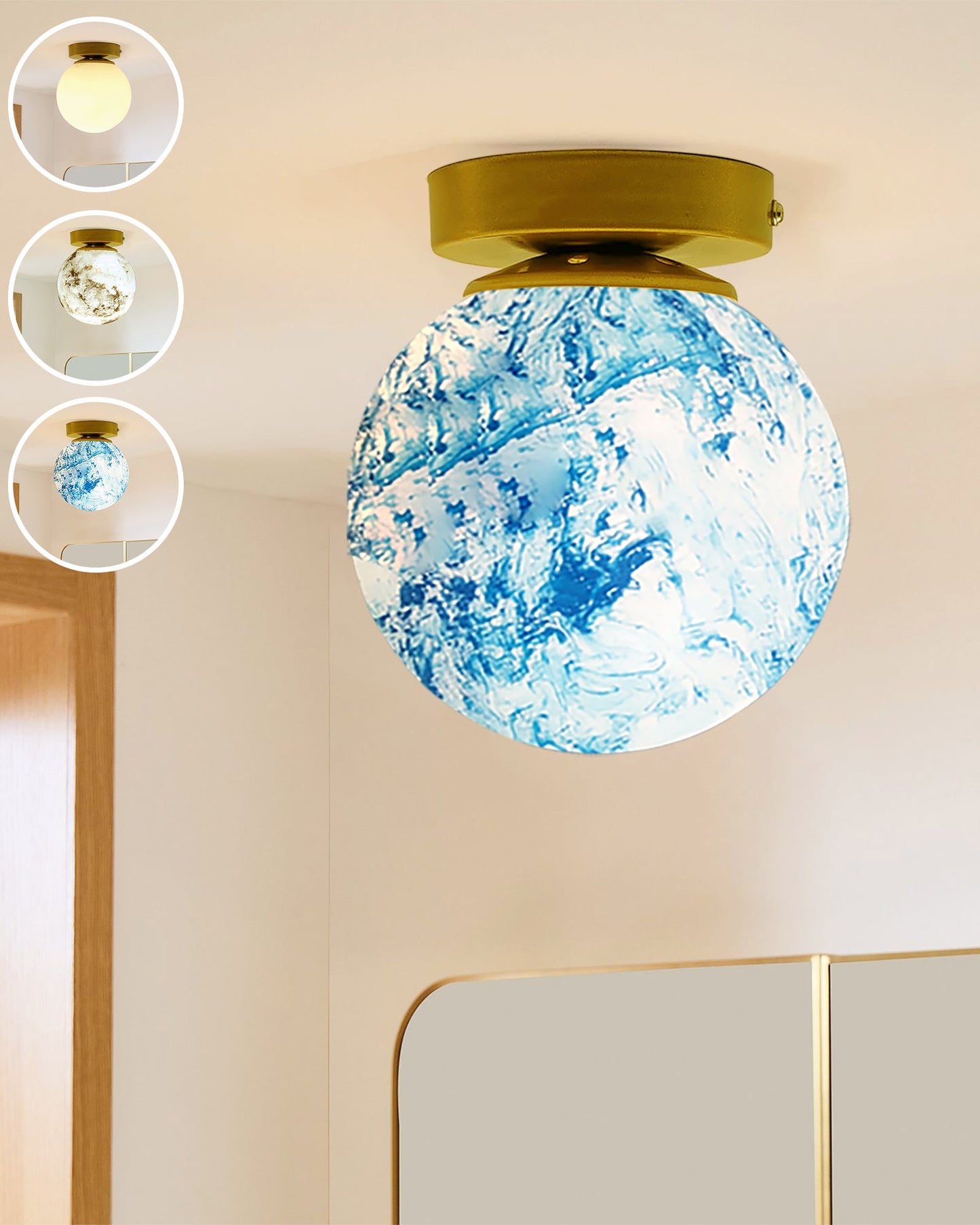 Mid Century Modern Bubble Flush Mount Ceiling Lighting Fixture, Gold Flush Mount Lamp, 6" Glass Globe Shade