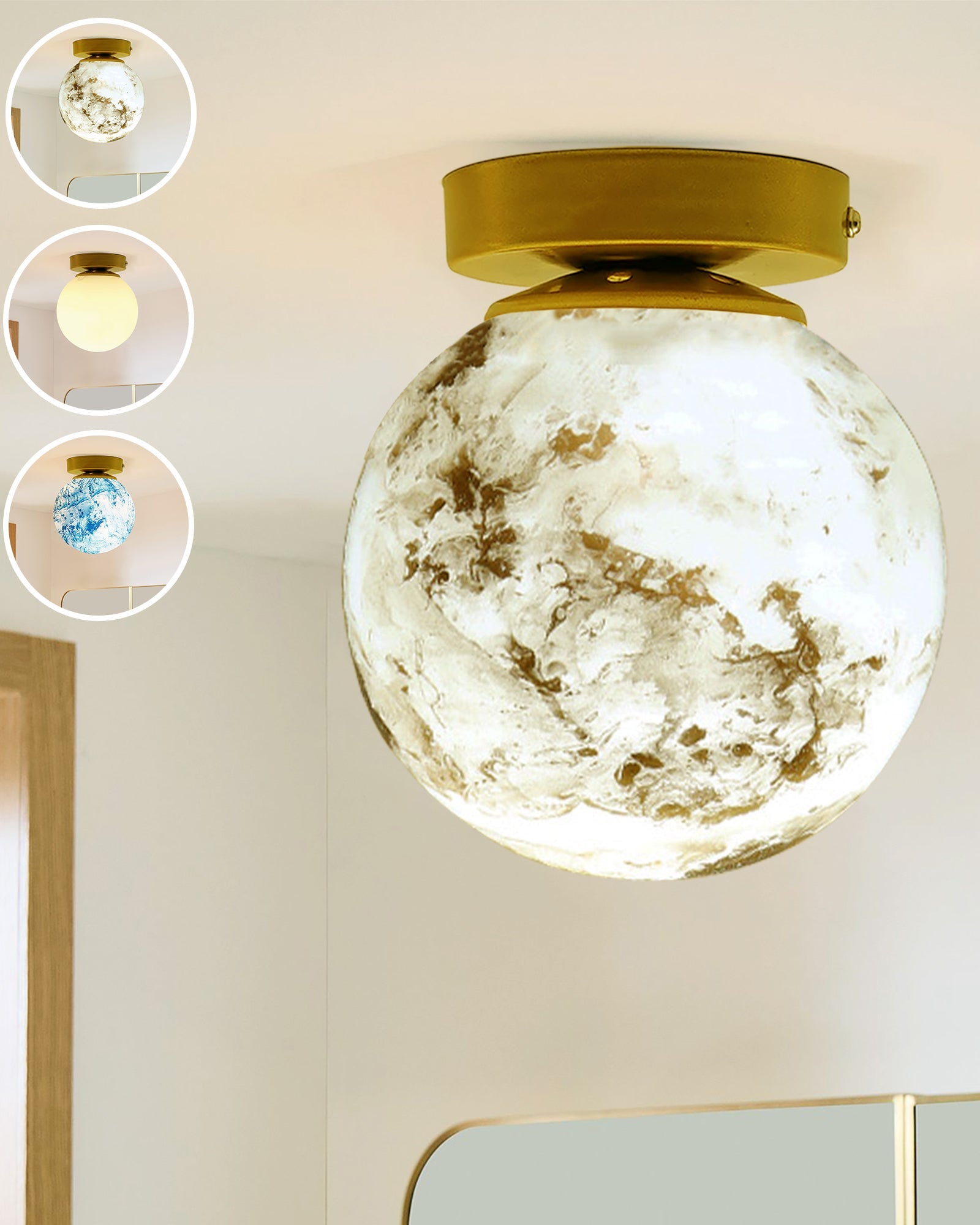 Mid Century Modern Bubble Flush Mount Ceiling Lighting Fixture, Gold Flush Mount Lamp, 6" Glass Globe Shade