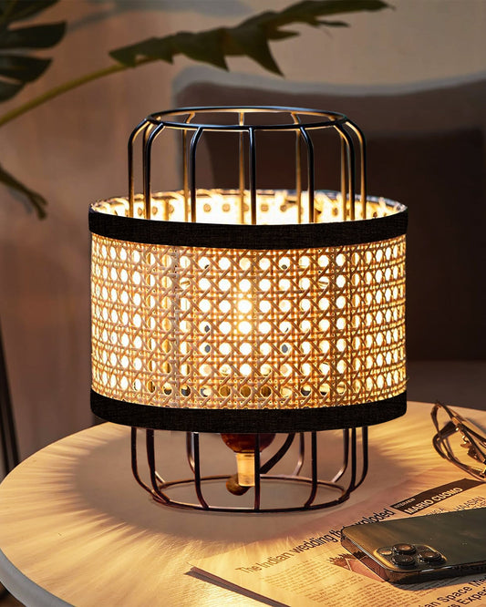 12" Modern Natural Rattan Cane Beige Mesh Webbing Wicker Metal Table lamp Boho Hollowed Out Beside Lamp for Living Room Bedroom Office Study