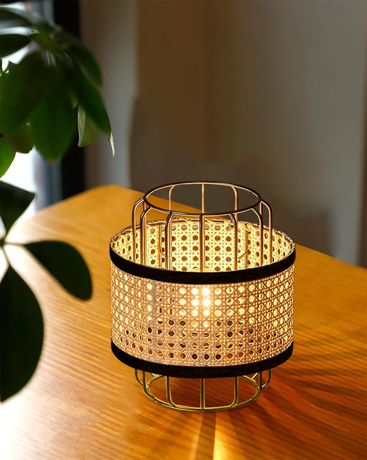 10" Modern Natural Rattan Cane Beige Mesh Webbing Wicker Metal Table lamp Boho Hollowed Out Beside Lamp for Living Room Bedroom Office Study