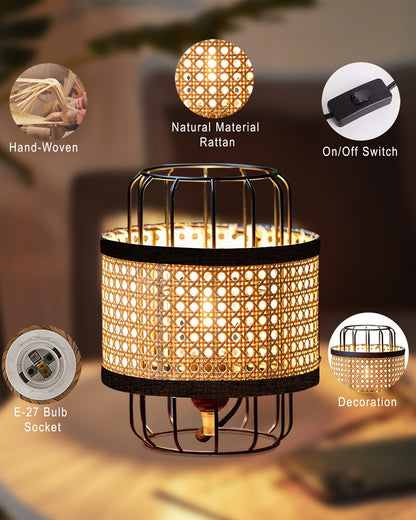 10" Modern Natural Rattan Cane Beige Mesh Webbing Wicker Metal Table lamp Boho Hollowed Out Beside Lamp for Living Room Bedroom Office Study