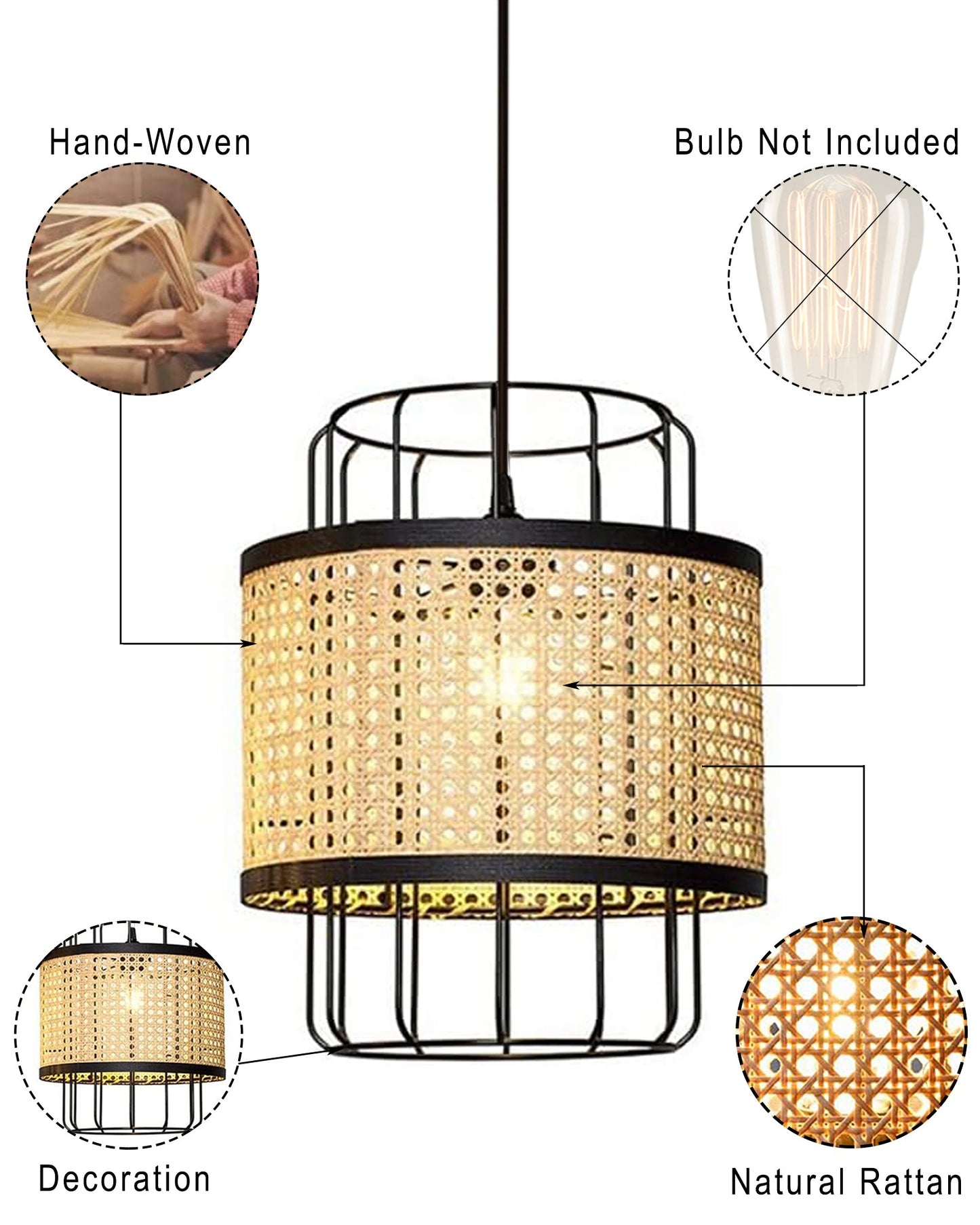 12" Hand Woven Natural Rattan Cane Webbing Wicker Pendant Light Fixtures, Boho Pendant Lights with Rattan Basket Shade for Farmhouse Kitchen Island Dining Room Living Room