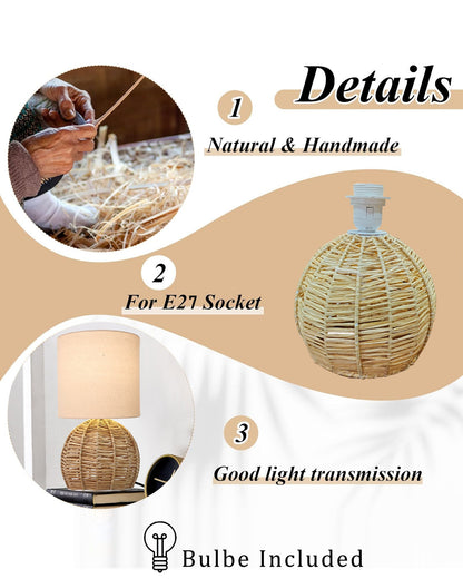 Homesake® Shade Rattan Table Lamp for Bedroom & Living Room, Natural Wicker Bedside Lamp for Bedroom, Living Room & Home Décor, E27 Holder, Livra, Scandinavian, Minimal Style Lighting (Round, Jute)