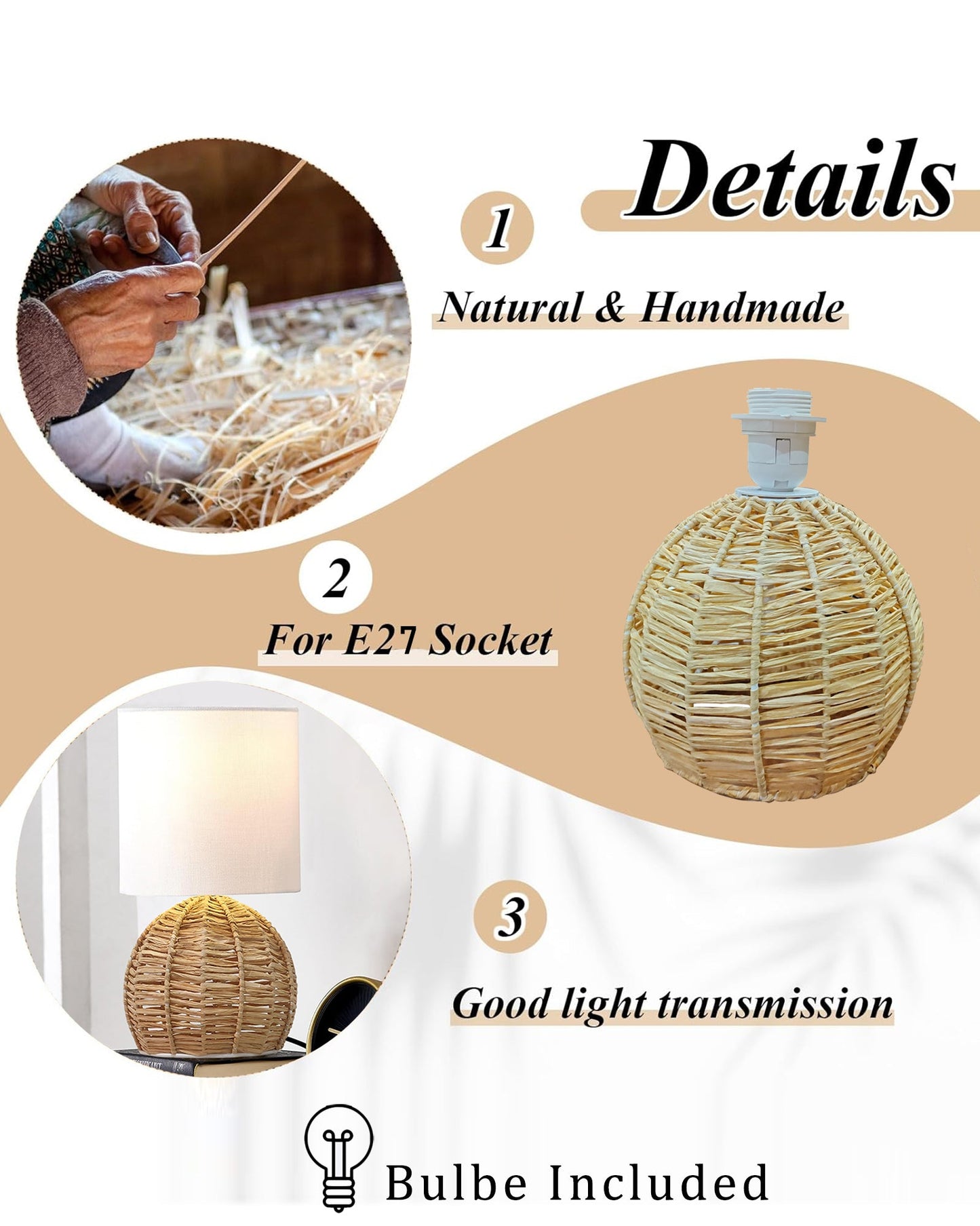 Homesake® Shade Rattan Table Lamp for Bedroom & Living Room, Natural Wicker Bedside Lamp for Bedroom, Living Room & Home Décor, E27 Holder, Livra, Scandinavian, Minimal Style Lighting (Round, Jute)