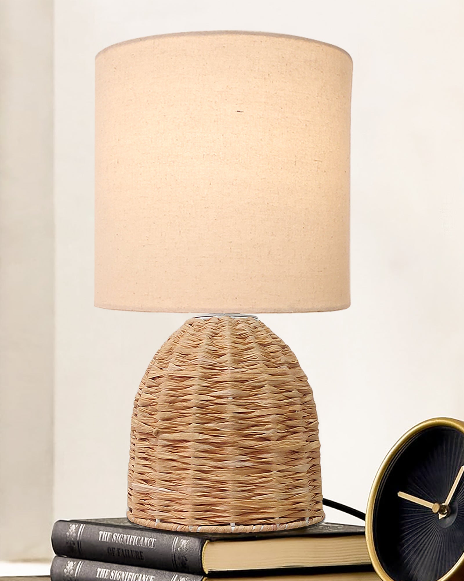 Homesake® Raffia Rattan Table Lamp with Fabric Shade, Small Nightstand Lamp, Natural Wicker Bedside Lamp for Bedroom, Living Room, Study & Home Décor, Livra Collection | E27 Holder