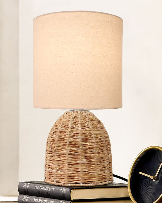 Homesake® Raffia Rattan Table Lamp with Fabric Shade, Small Nightstand Lamp, Natural Wicker Bedside Lamp for Bedroom, Living Room, Study & Home Décor, Livra Collection | E27 Holder