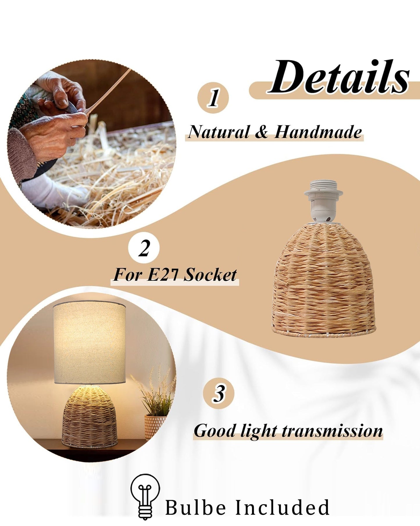 Homesake® Raffia Rattan Table Lamp with Fabric Shade, Small Nightstand Lamp, Natural Wicker Bedside Lamp for Bedroom, Living Room, Study & Home Décor, Livra Collection | E27 Holder