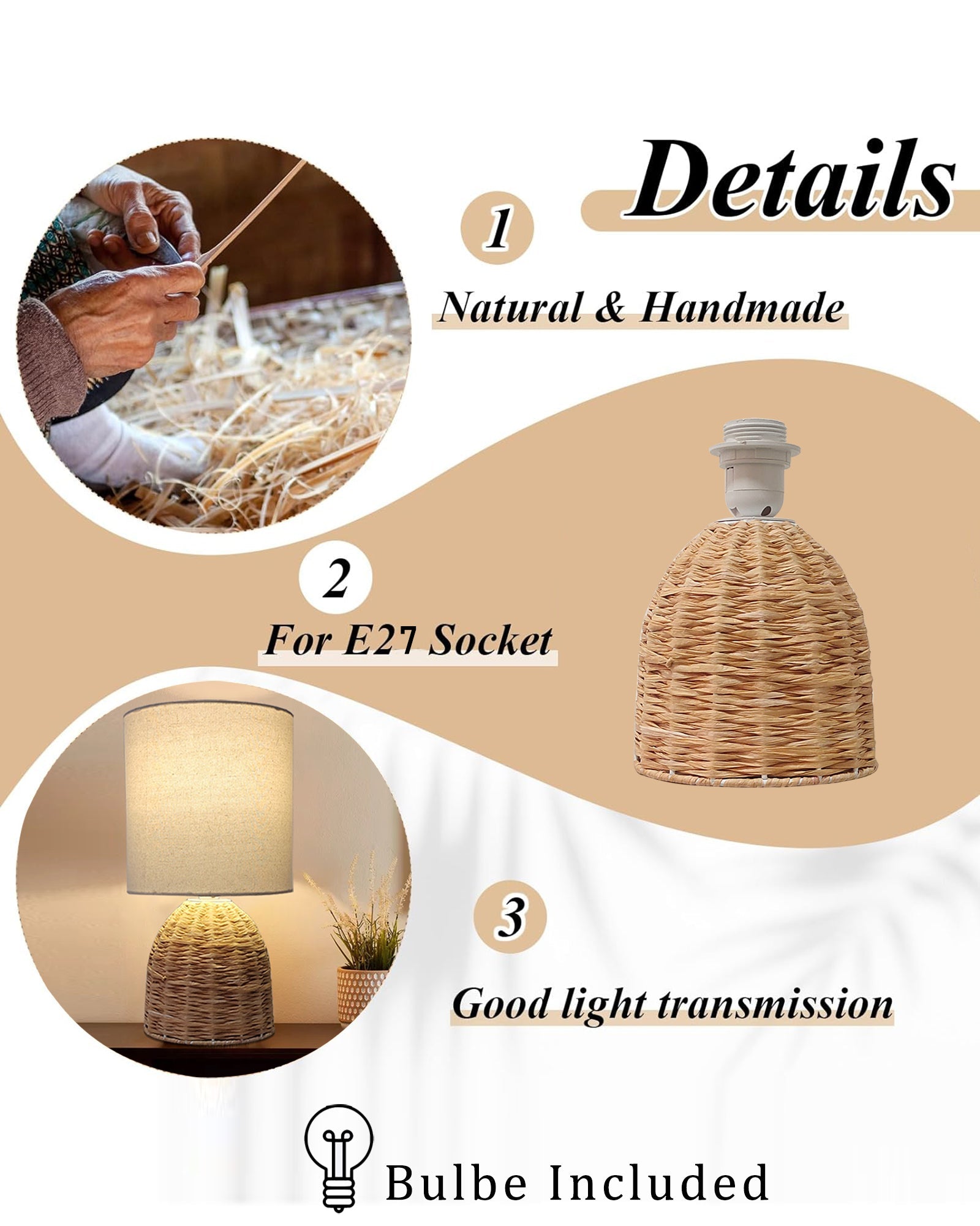 Homesake® Raffia Rattan Table Lamp with Fabric Shade, Small Nightstand Lamp, Natural Wicker Bedside Lamp for Bedroom, Living Room, Study & Home Décor, Livra Collection | E27 Holder