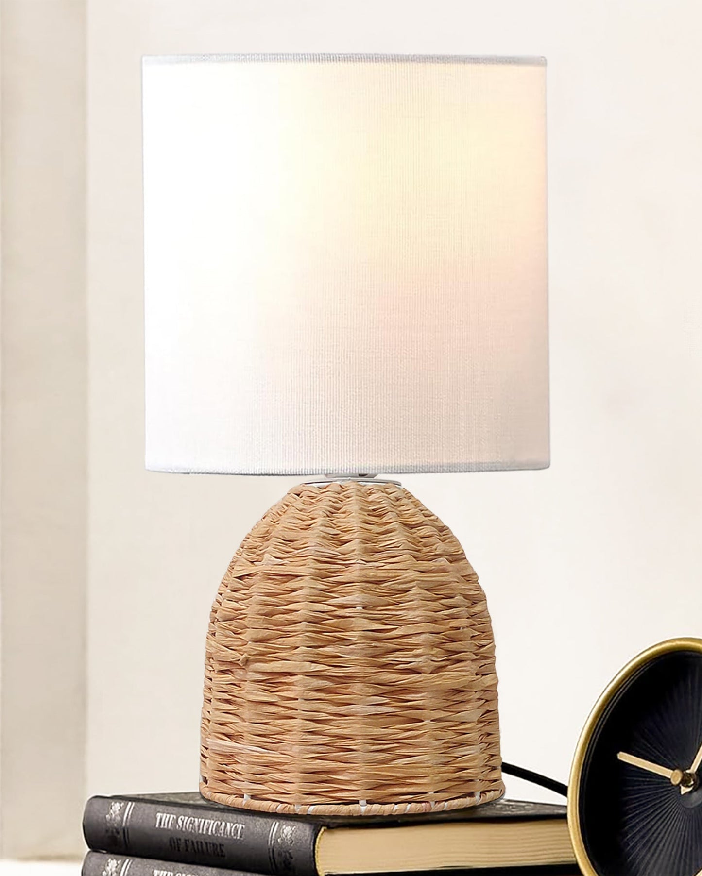 Homesake® Raffia Rattan Table Lamp with Fabric Shade, Small Nightstand Lamp, Natural Wicker Bedside Lamp for Bedroom, Living Room, Study & Home Décor, Livra Collection | E27 Holder