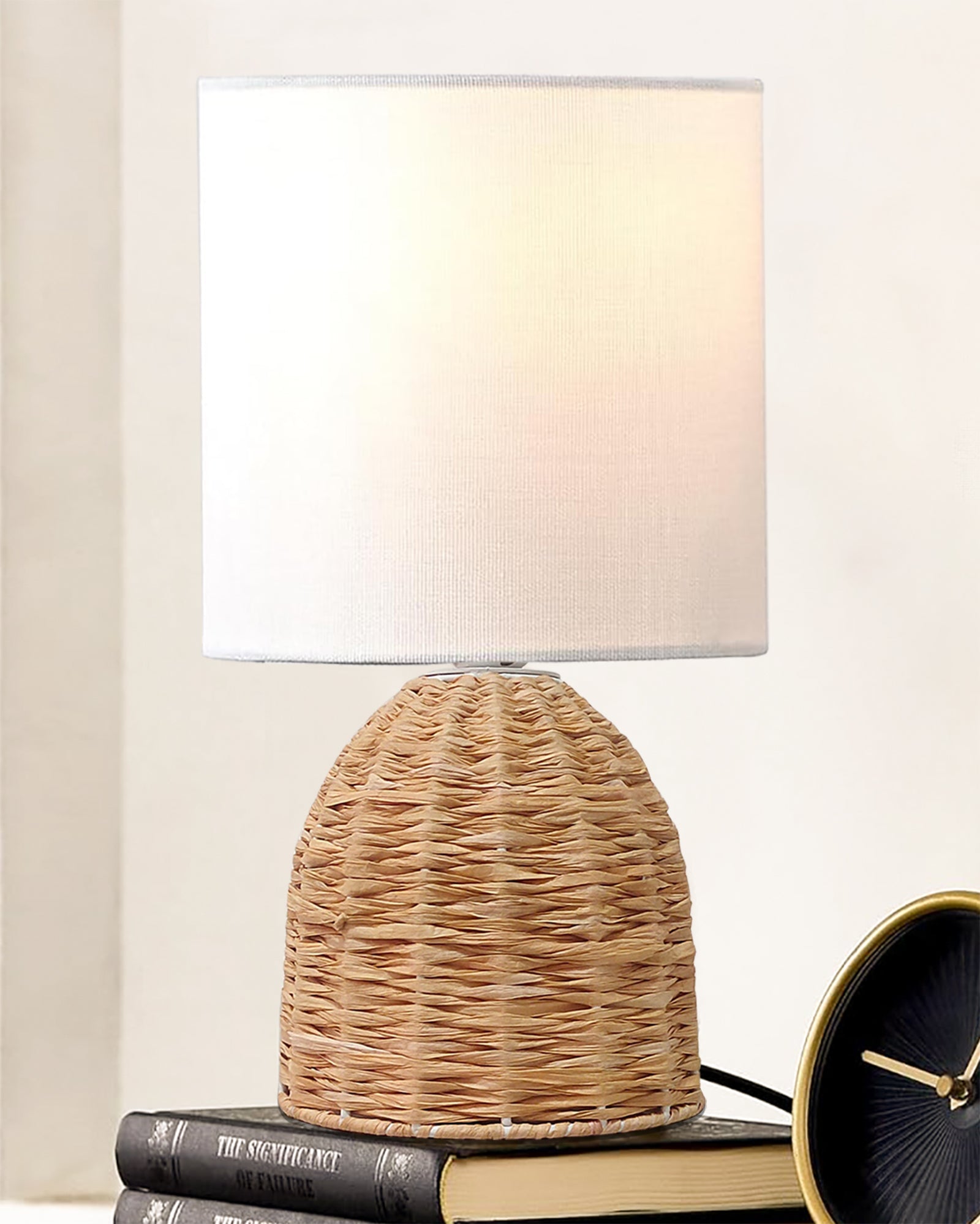 Homesake® Raffia Rattan Table Lamp with Fabric Shade, Small Nightstand Lamp, Natural Wicker Bedside Lamp for Bedroom, Living Room, Study & Home Décor, Livra Collection | E27 Holder