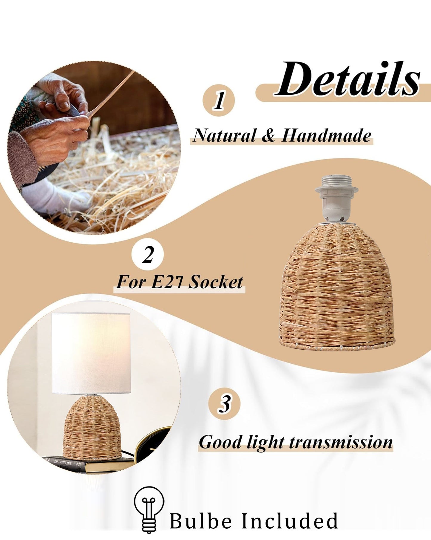 Homesake® Raffia Rattan Table Lamp with Fabric Shade, Small Nightstand Lamp, Natural Wicker Bedside Lamp for Bedroom, Living Room, Study & Home Décor, Livra Collection | E27 Holder