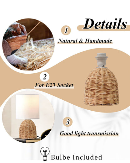 Homesake® Raffia Rattan Table Lamp with Fabric Shade, Small Nightstand Lamp, Natural Wicker Bedside Lamp for Bedroom, Living Room, Study & Home Décor, Livra Collection | E27 Holder