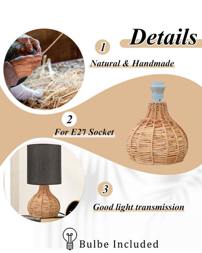 Homesake® Raffia Rattan Table Lamp, Small Nightstand Lamp with Linen Fabric Lampshade, Bedside Lamp for Bedroom, Living Room, Study & Livra Home Décor | Warm Ambient Lighting (Spinning, Jute)