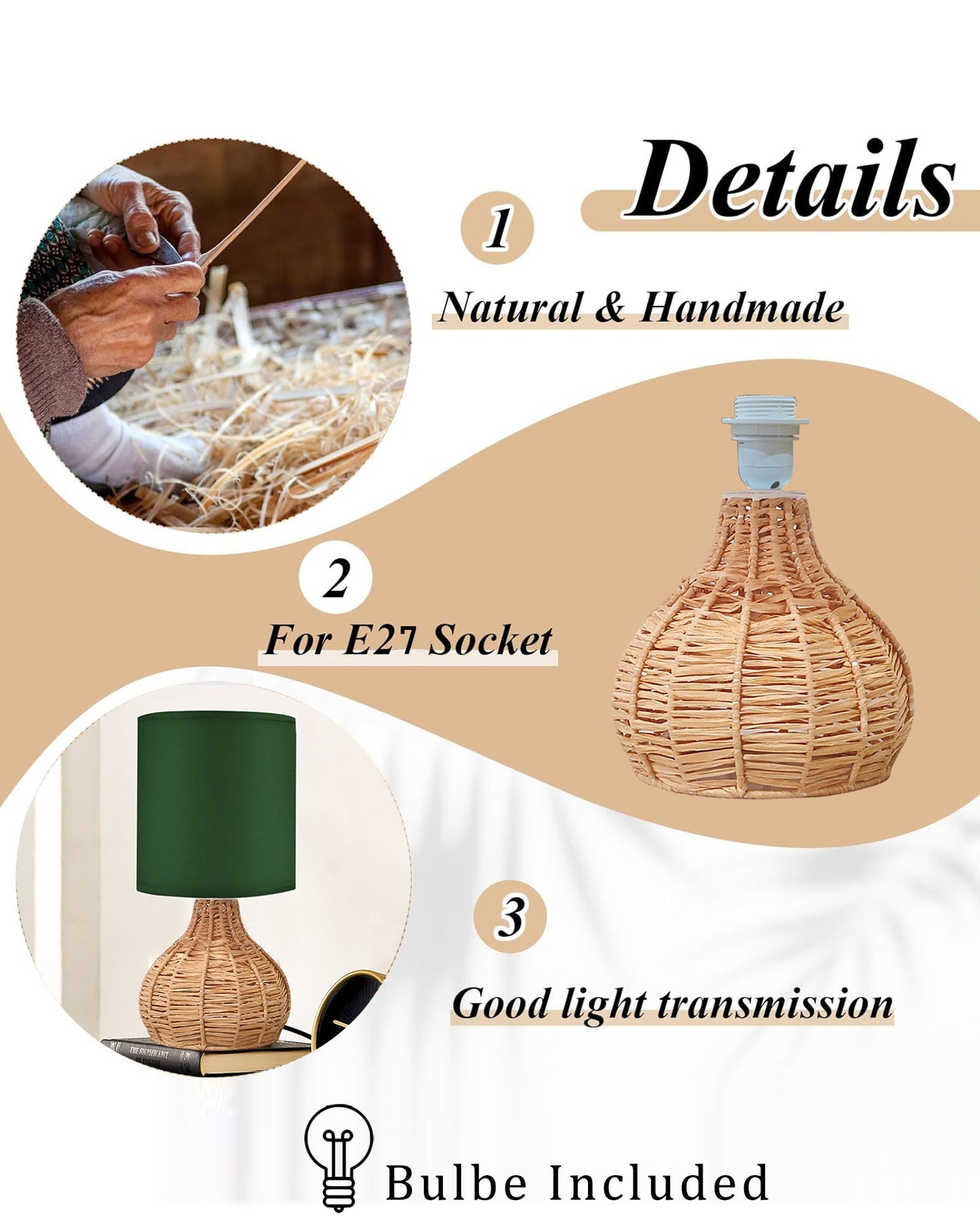 Homesake® Raffia Rattan Table Lamp, Small Nightstand Lamp with Linen Fabric Lampshade, Bedside Lamp for Bedroom, Living Room, Study & Livra Home Décor | Warm Ambient Lighting (Spinning, Jute)