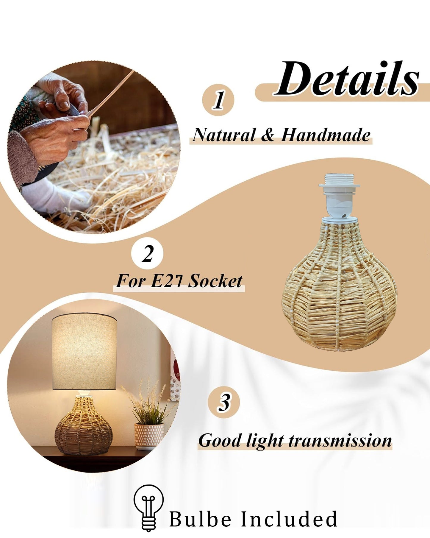 Homesake® Raffia Rattan Table Lamp, Small Nightstand Lamp with Linen Fabric Lampshade, Bedside Lamp for Bedroom, Living Room, Study & Livra Home Décor | Warm Ambient Lighting (Spinning, Jute)
