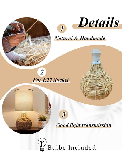 Homesake® Raffia Rattan Table Lamp, Small Nightstand Lamp with Linen Fabric Lampshade, Bedside Lamp for Bedroom, Living Room, Study & Livra Home Décor | Warm Ambient Lighting (Spinning, Jute)