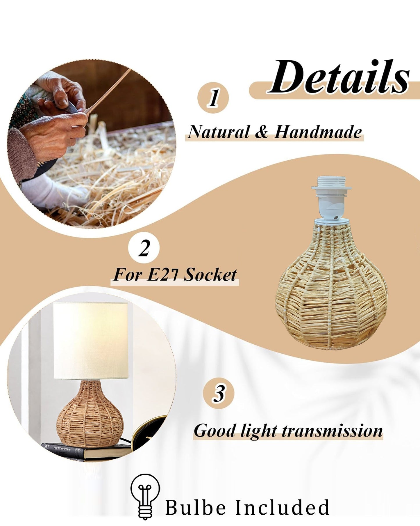 Homesake® Raffia Rattan Table Lamp, Small Nightstand Lamp with Linen Fabric Lampshade, Bedside Lamp for Bedroom, Living Room, Study & Livra Home Décor | Warm Ambient Lighting (Spinning, Jute)