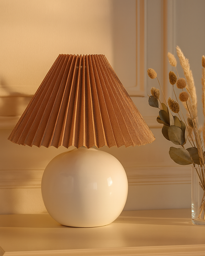 Bedside White Ceramic Table Lamp, Classic Desk lamp for Living Room Bedroom, Farmhouse Nightstand Lamps Round with Jute Pleated Shade