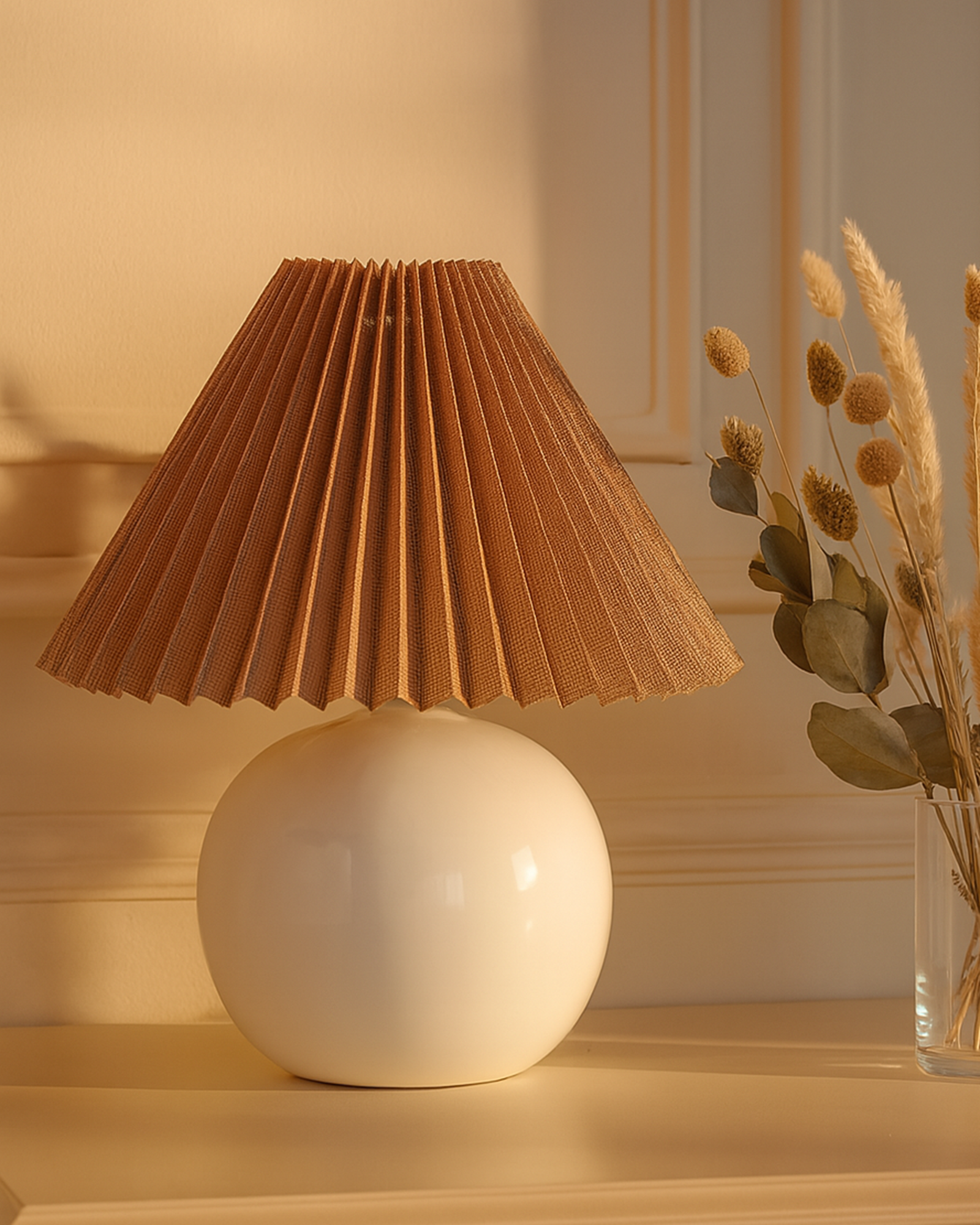 Bedside White Ceramic Table Lamp, Classic Desk lamp for Living Room Bedroom, Farmhouse Nightstand Lamps Round with Jute Pleated Shade